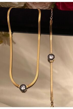 Çağla Şikel Kolye Bileklik Seti Elmas Kesim Çelik Gold Siyah Image 0