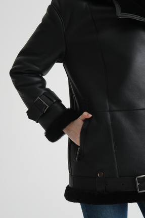 Siyah Hakiki Deri Kaban, Içi Kürklü, Bel Kemeri Detaylı, Uzun Kesim, Şık Tasarım - 114122 Image 4