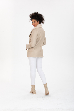 Kadın Hakiki Deri Ceket, İçi Kürklü Uzun Bej Ceket, Kruvaze Yaka - 113722 Image 5