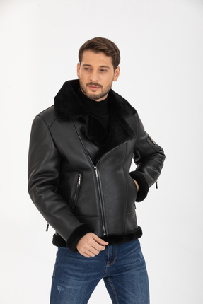 Erkek Hakiki Deri Ceket, Kürk Yakalı Ceket, Siyah İçi Kürklü - 500722 Image 1