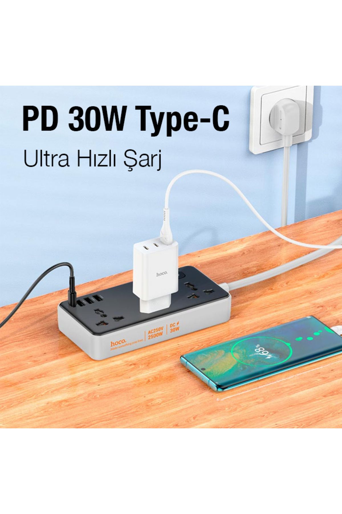 Ac8a 2500w 3 Priz 3 Usb 30w Type-c Multifonksiyonel Priz Çoğaltıcı Şarj Aleti