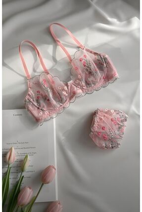 Arona Kadın Incili Pembe Çiçek Desenli Tül Fantezi Iç Çamaşır Takımı - Arona Lingerie Image 0