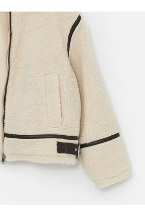 Kadın Ceket Yaka Düz Pelüş Mont Image 4