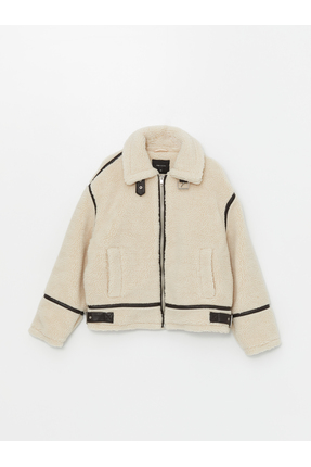 Kadın Ceket Yaka Düz Pelüş Mont Image 2