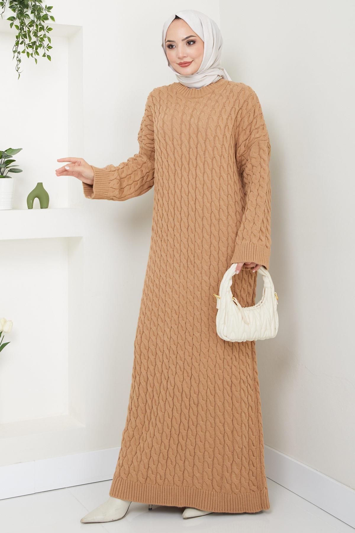 hafsamina Örgü Desen TrikoElbise Camel Hm2526