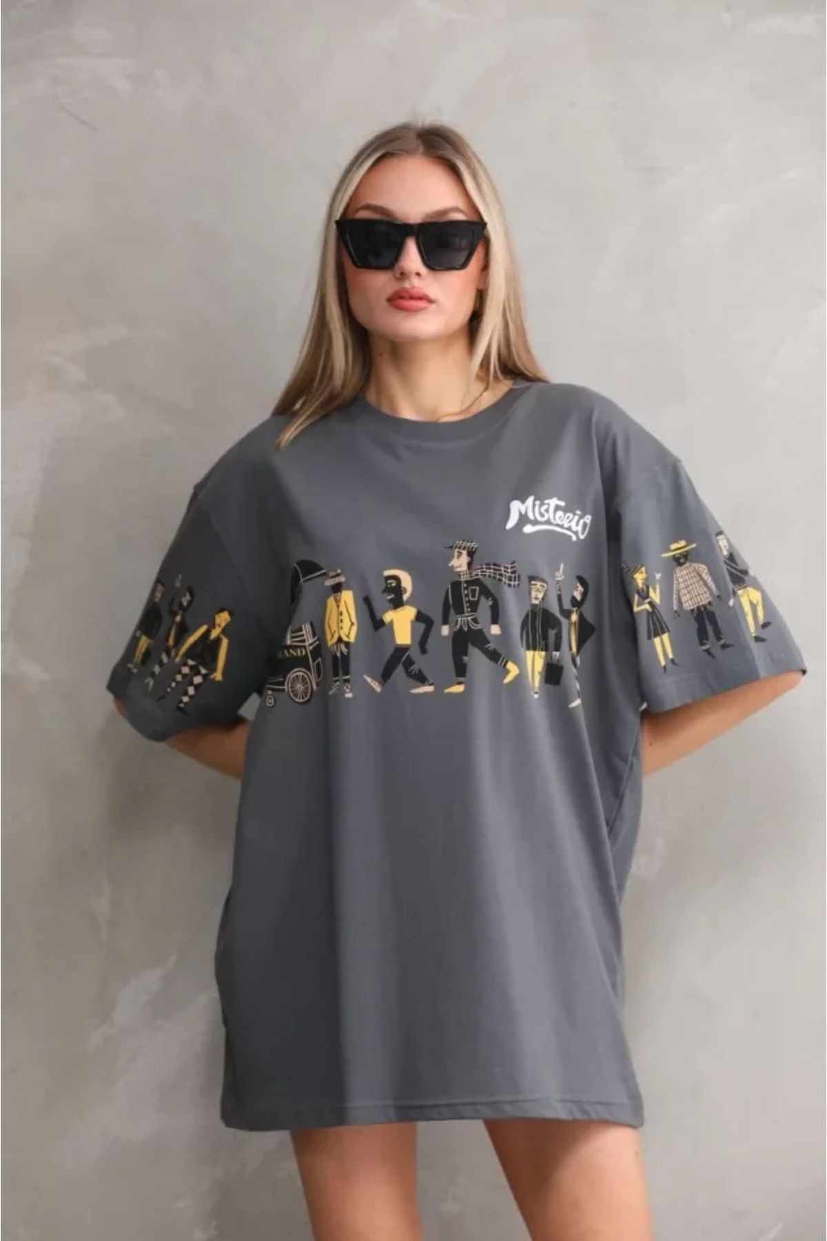 Unisex Bisiklet Yaka Baskılı Oversize T-Shirt - Gri