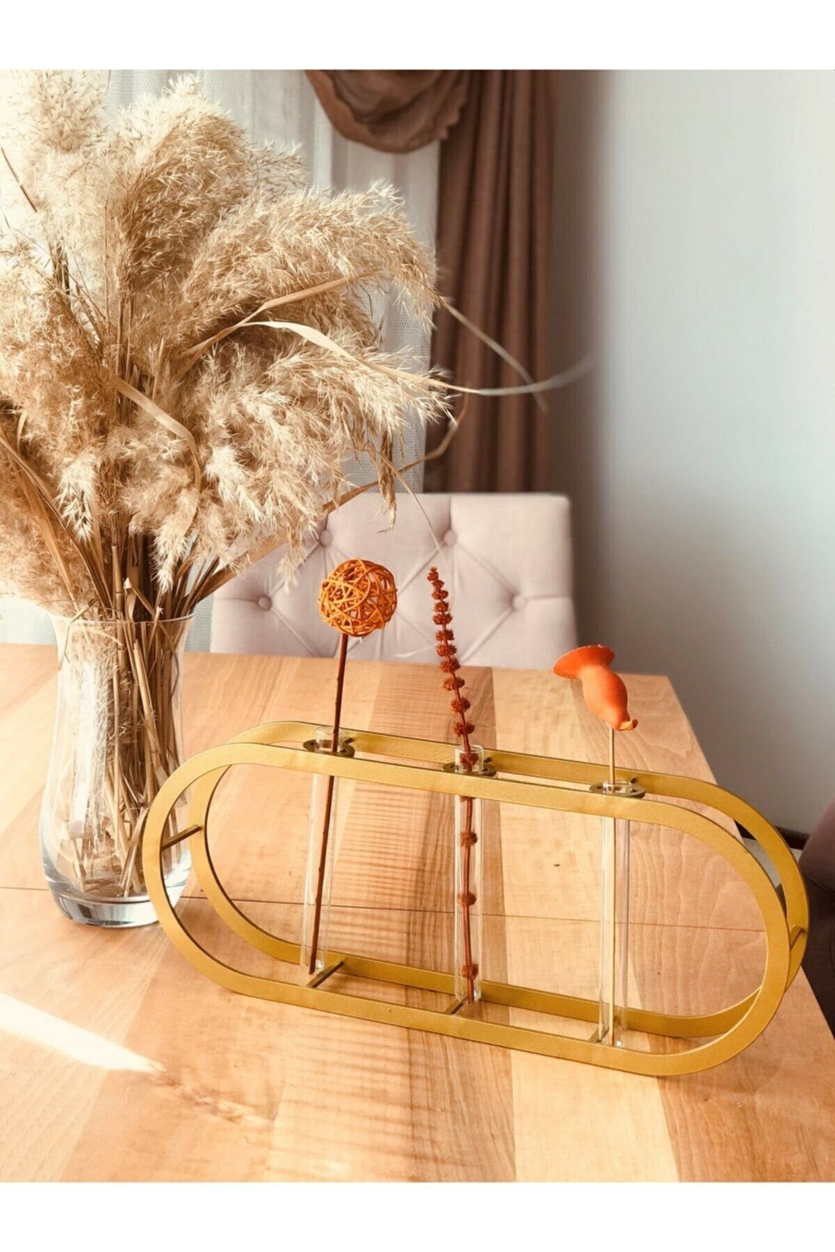 thorqtech Dekoratif Metal Vintage Vazo Oval 3 Gözlü 16cm X 40 Cm Gold