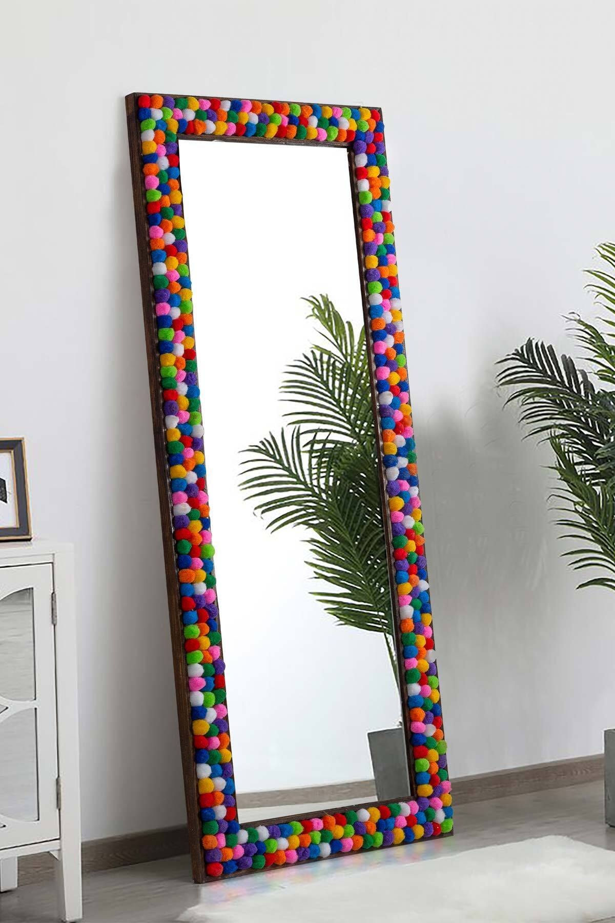 bluecape Doğal Ağaç 58x148 Cm Renkli Ponponlu Ceviz Çerçeve Salon Ofis Mutfak Duvar Konsol Boy Aynası