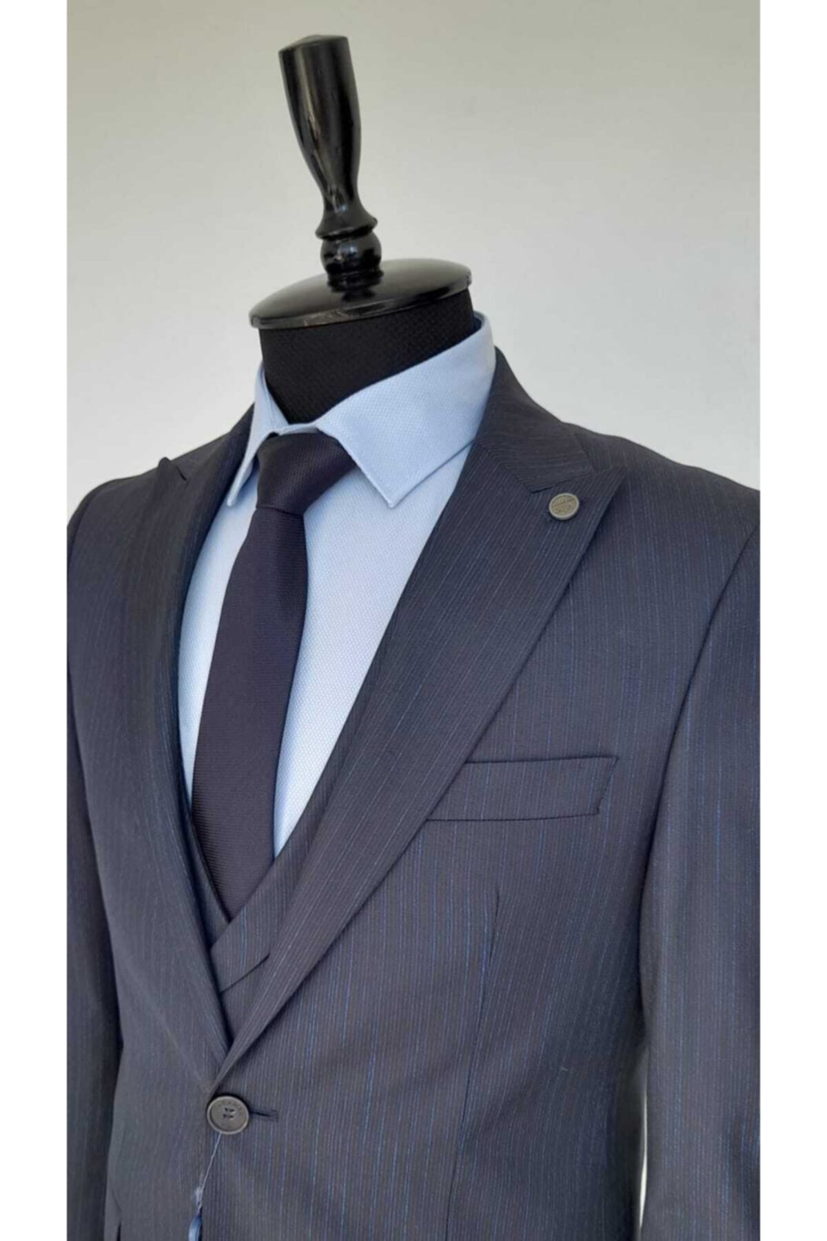 Vakamen Erkek Yelekli Koyu Lacivert Ince Çizgili Slim Fit Takım Elbise