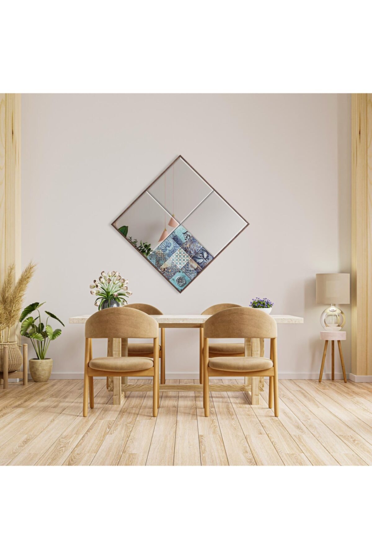 bluecape Liverpool 62x62 cm Doğal Ağaç Çerçeve Antik Limra Taşlı Bizoteli Salon Dresuar Konsol Ofis Ayna