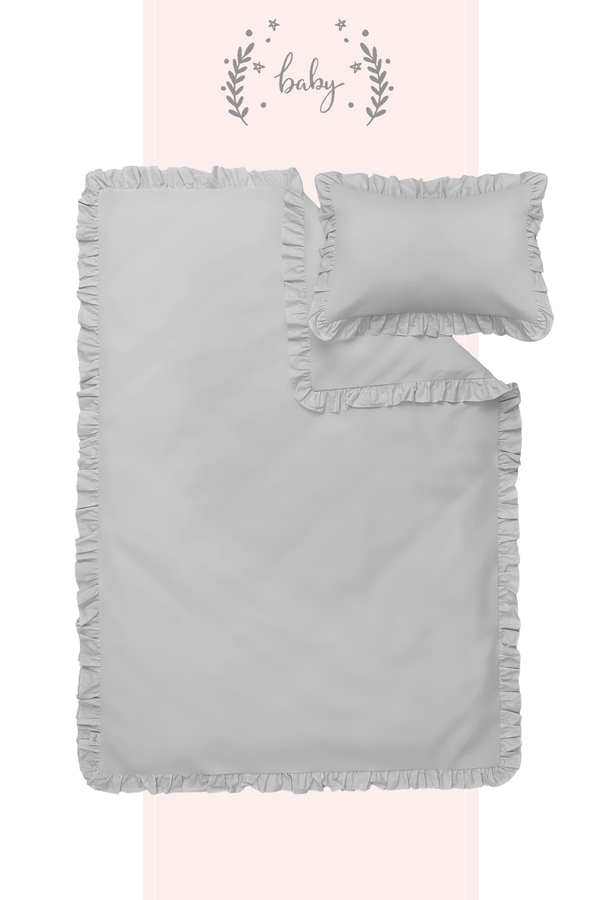we are Pia 100x150 Sade Düz Fırfırlı %100 Pamuklu Bebek/çocuk Nevresim Takımı Gri