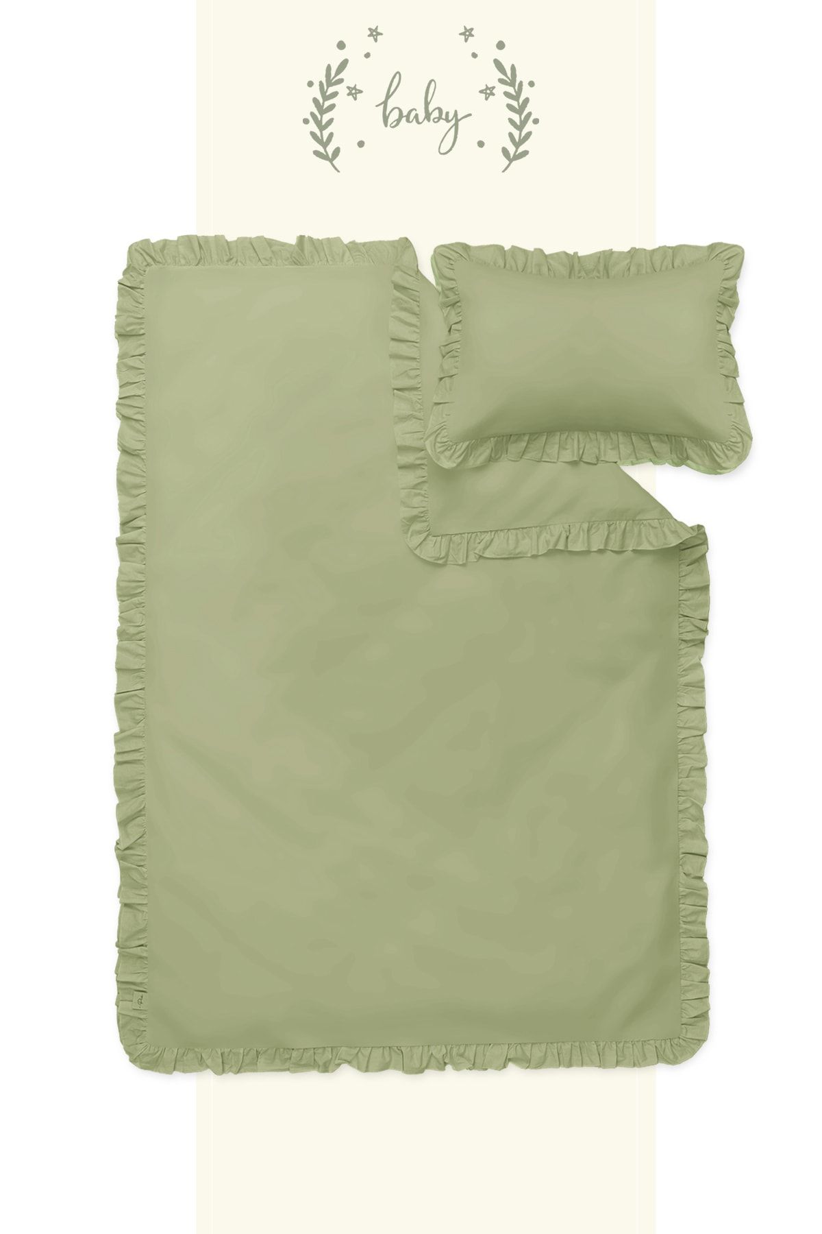 we are Pia 100x150 Sade Düz Fırfırlı %100 Pamuklu Bebek/çocuk Nevresim Takımı Yeşil