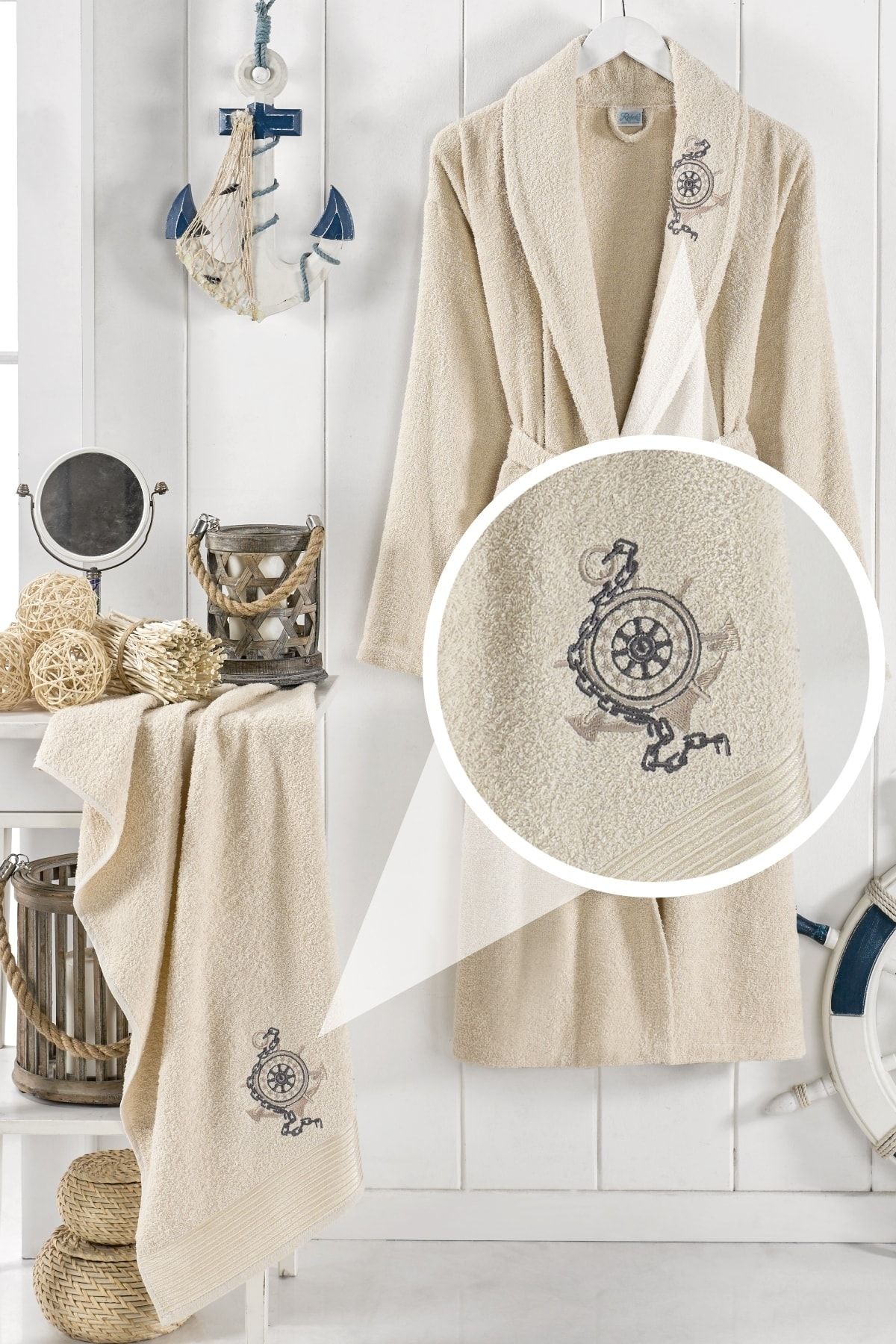 Elmira Textile Unisex Gri Pamuklu Havlulu Banyo Bornoz Takımı