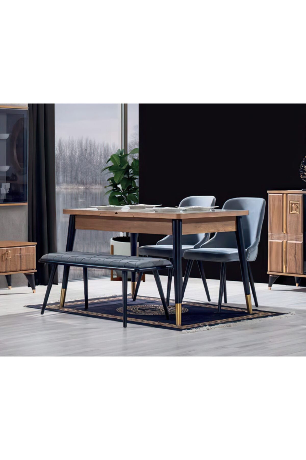 Çiftci Ticaret Ceviz Renk Mdf 2 Sandalye 1 Banklı Yemek Masası
