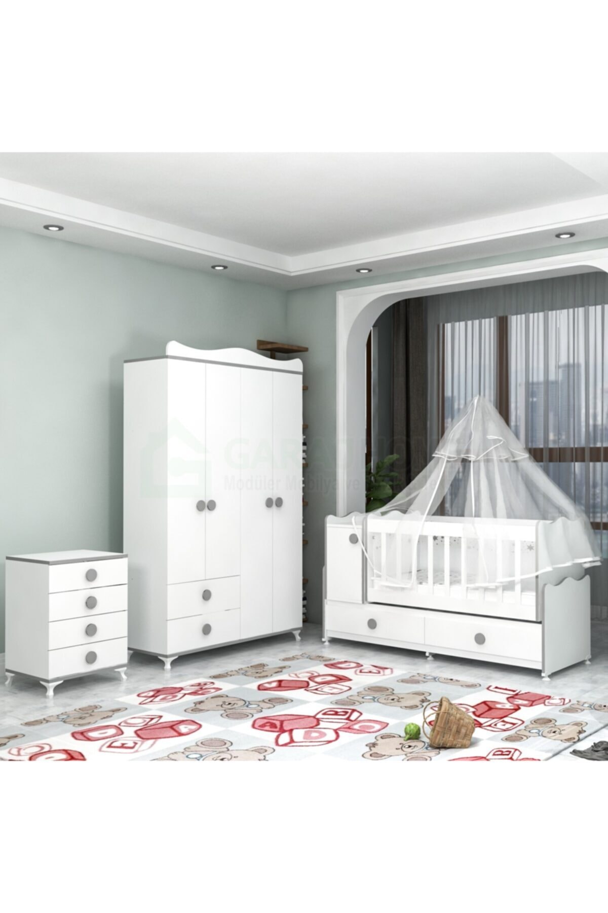 Garaj Home Pırlanta Yıldız 4 Kapaklı Bebek Odası Takımı Gri Yatak Ve Uyku Seti Kombinli