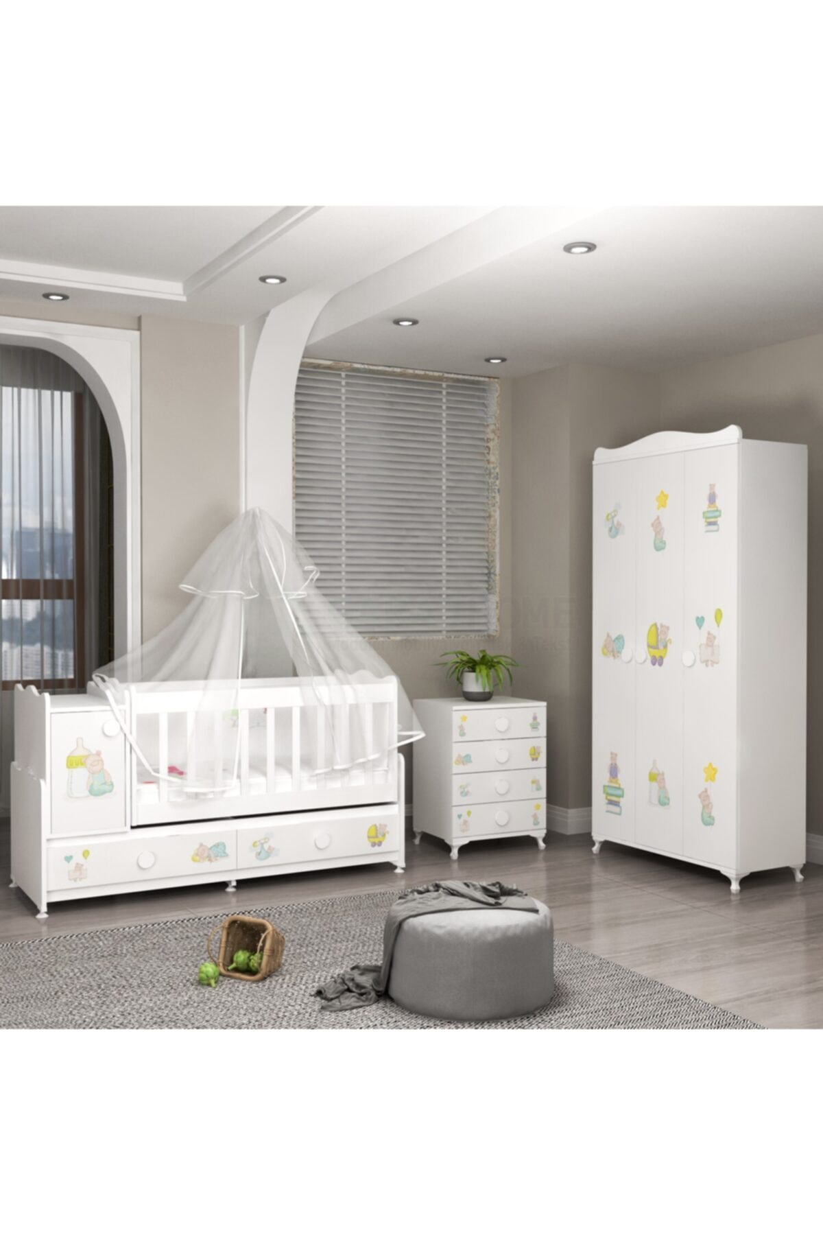 Garaj Home Pırlanta Yıldız 3'lü Ayıcık Bebek Odası Takımı Yatak ve Uyku Seti Kombinli Mavi Uyku Setli