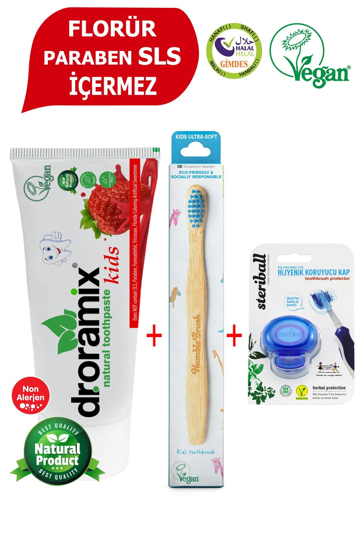 Dr. Oramix Kids Florürsüz Diş Macunu + Humble Brush Diş Fırçası M+ Steriball Koruyucu Kap