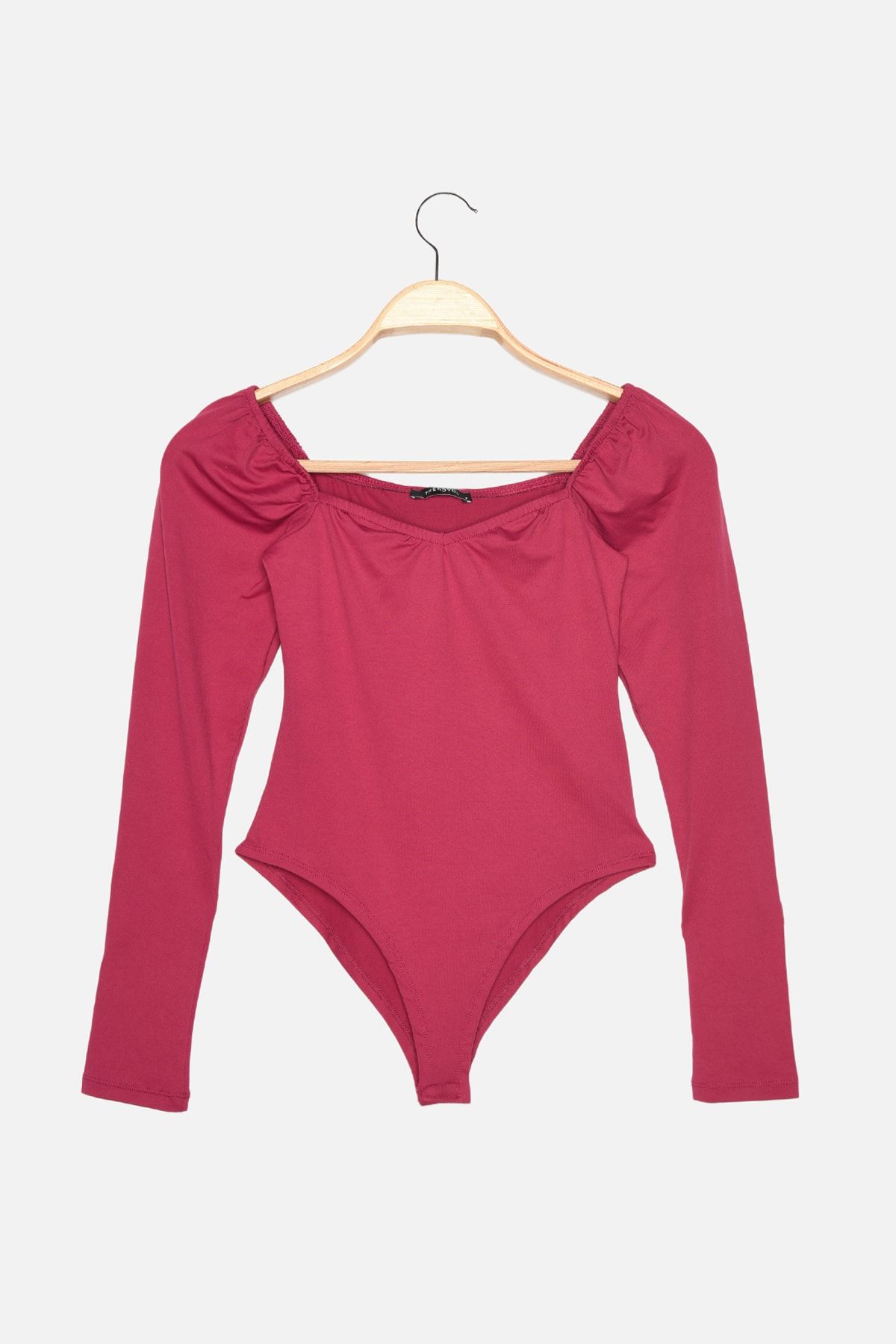 TRENDYOLMİLLA Mürdüm Kalp Yaka Balon Kollu Çıt Çıtlı Örme Body TWOAW22BD0020