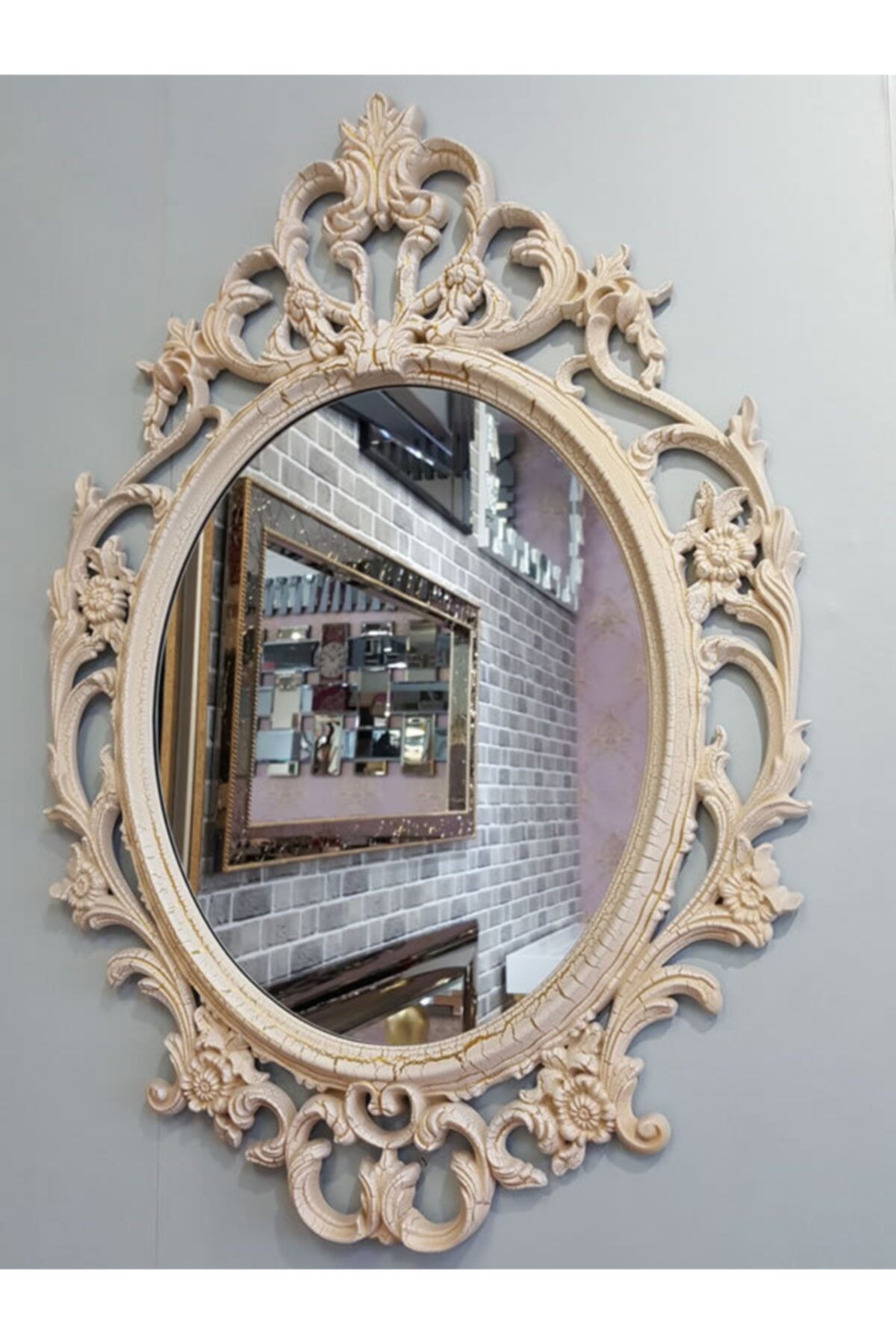 AYNA DENİZİ Vintage Taç Model Krem Çatlak Altın Renk Dekoratif Ayna