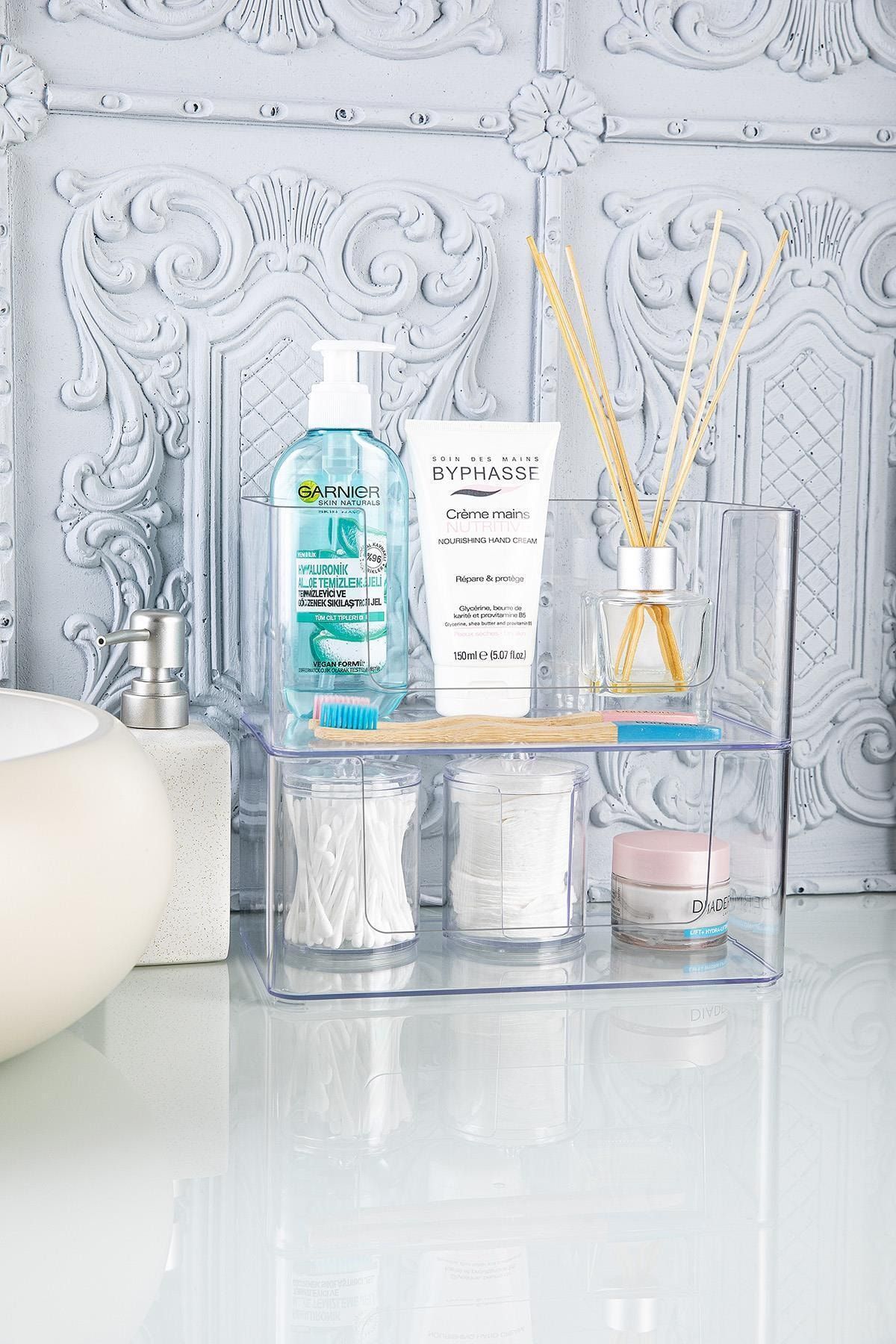 Doreline Lily 2 Li Banyo Organizeri, Kat Kat Kullanılabilir Düzenleyici, Set Şeffaf