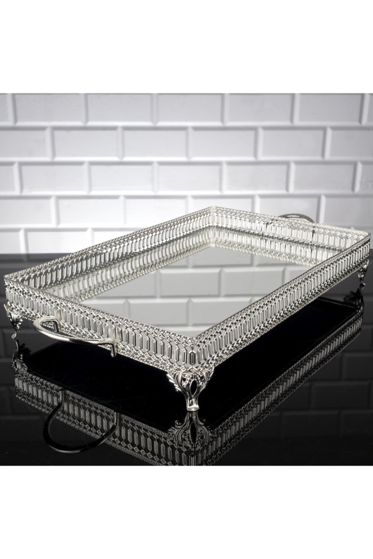 Zeyve Inci Dikdörtgen Büyük Aynalı Sunumluk Servis Ve Çikolata Tepsisi Tepsi 57x27 Cm. Gümüş Rengi