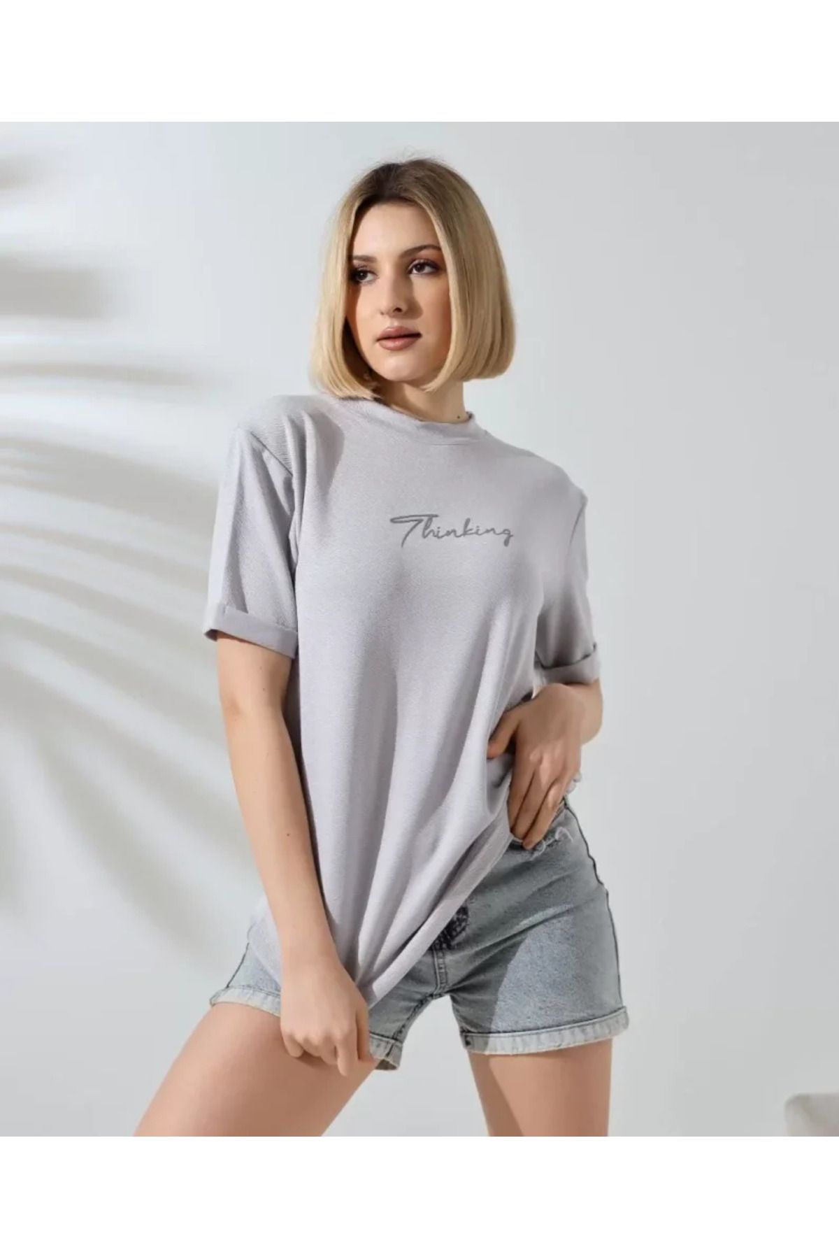 Unisex Bisiklet Yaka Baskılı Slim Fit T-Shirt - Boyalı Gri