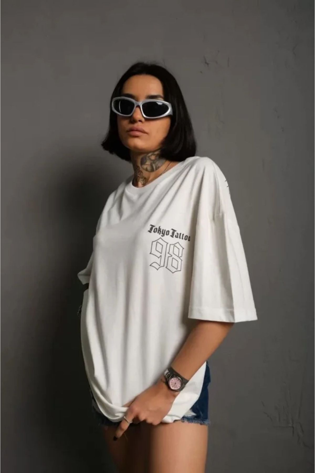 Byrodyna Unisex Bisiklet Yaka Baskılı Oversize T-Shirt - Beyaz