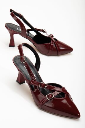 Çift Bantlı Toka Detaylı Bordo Rugan Kadın Topuklu Ayakkabı Image 1