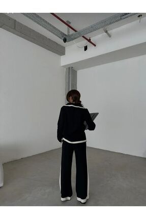 Kadın Triko Takım Gold Düğmeli Şerit Detaylı Hırka Ve Palazzo Pantolon Image 2