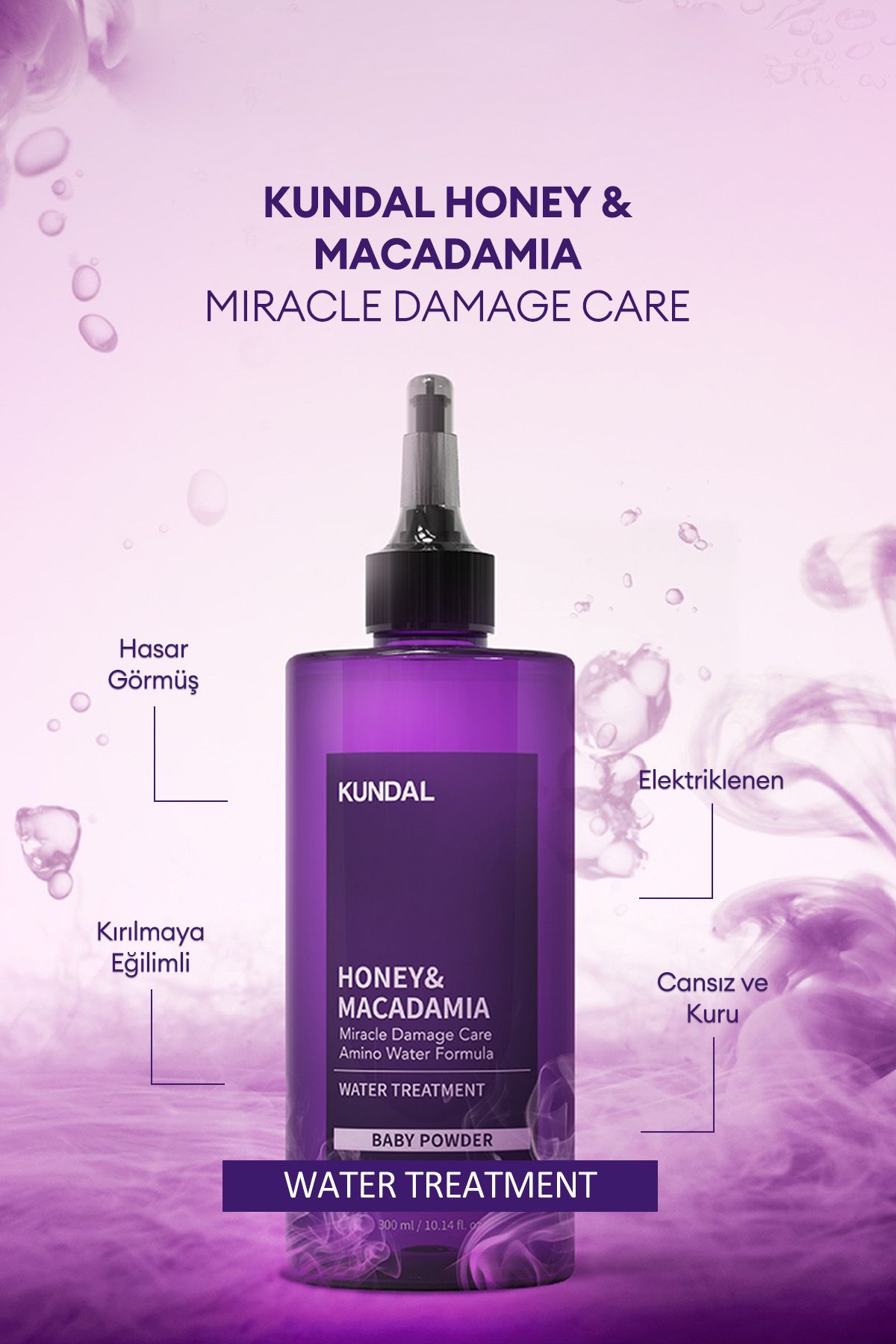 Yoğun Bakım Sağlayan Sıvı Saç Kremi KUNDAL Miracle Damage Care Water Treatment 300ml (Baby Powder)