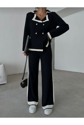 Kadın Triko Takım Gold Düğmeli Şerit Detaylı Hırka Ve Palazzo Pantolon Image 1