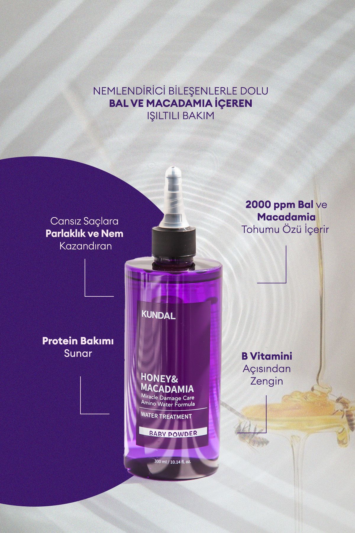 Yoğun Bakım Sağlayan Sıvı Saç Kremi KUNDAL Miracle Damage Care Water Treatment 300ml (Baby Powder)