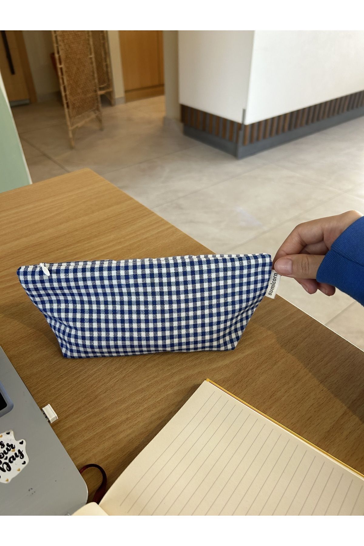 کیف لوازم آرایش کیف لوازم آرایشی کیف لوازم زیپ دار تک محفظه ای جای قلم پارچه ای جای قلم ساکس آبی Gingham قابل شستشو