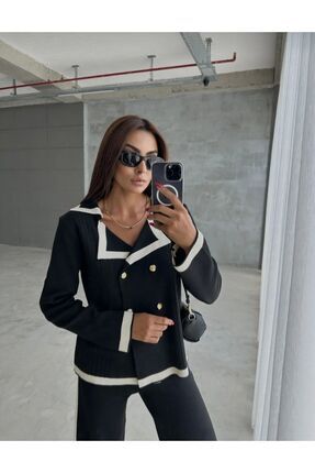 Kadın Triko Takım Gold Düğmeli Şerit Detaylı Hırka Ve Palazzo Pantolon Image 5