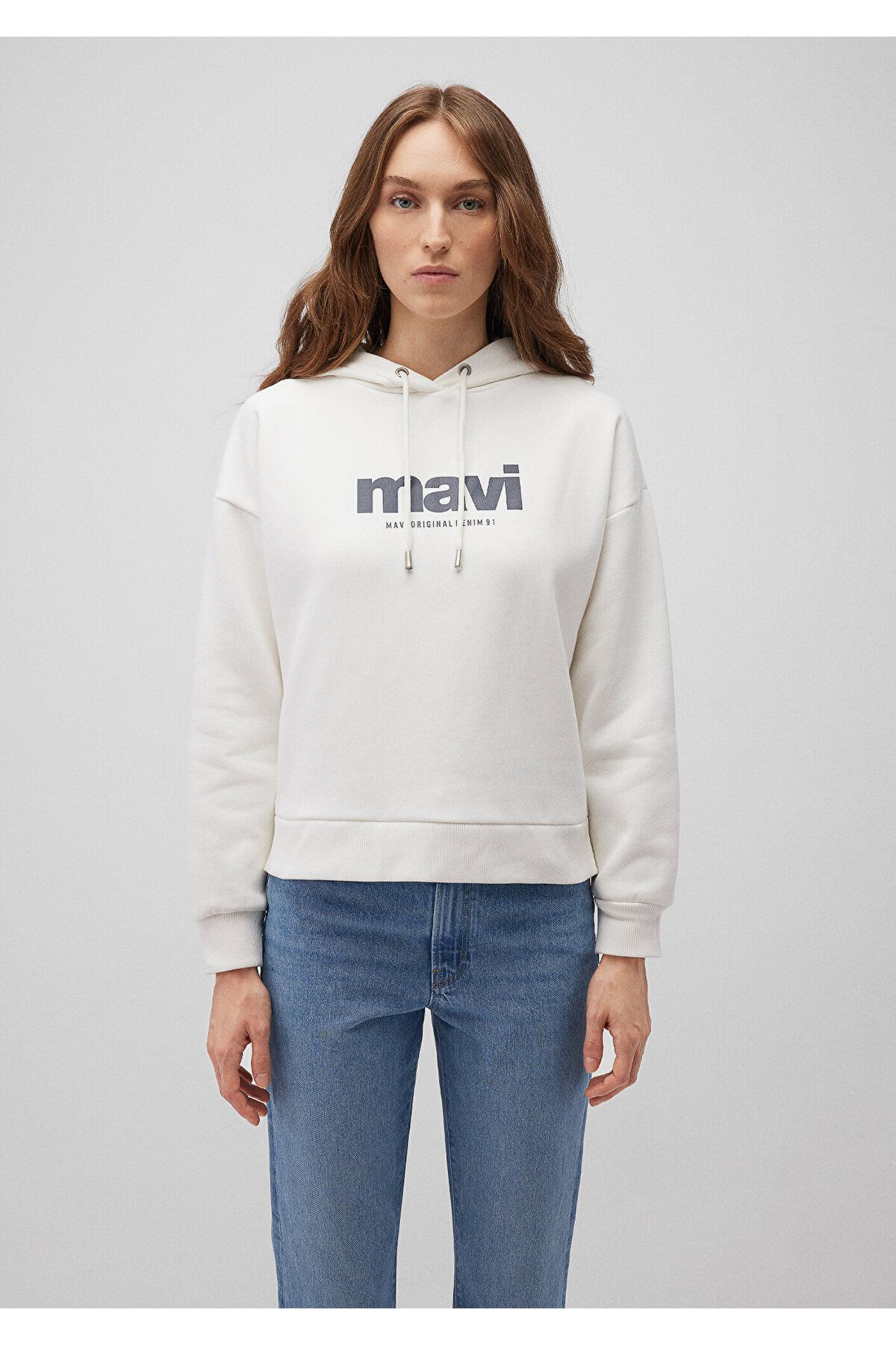 Logo Baskılı Kapüşonlu Ekru Sweatshirt 168334-81964