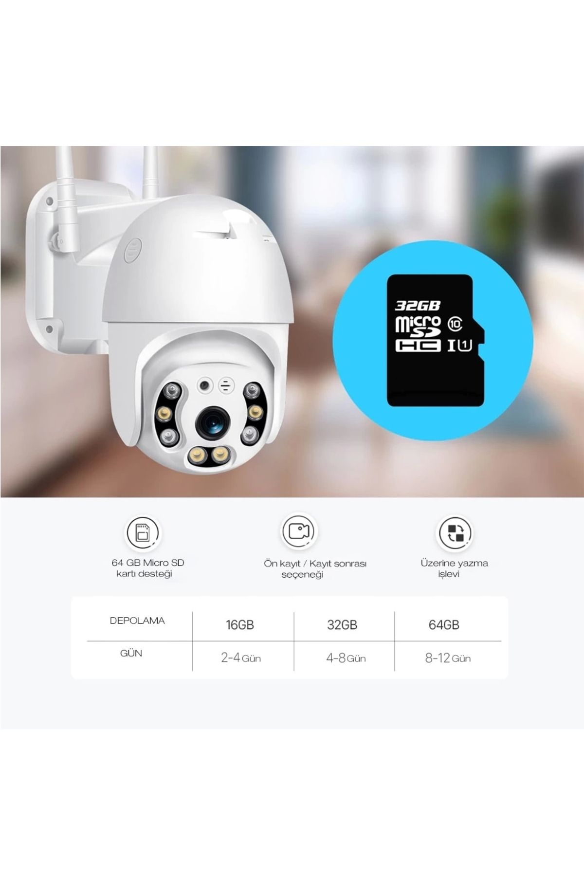 2.0 Mp Hd Lens İç Dış Mekan Suya Danıklı Ip Wifi Network Güvenlik Kamerası 32 Gb Hafıza Kartlı