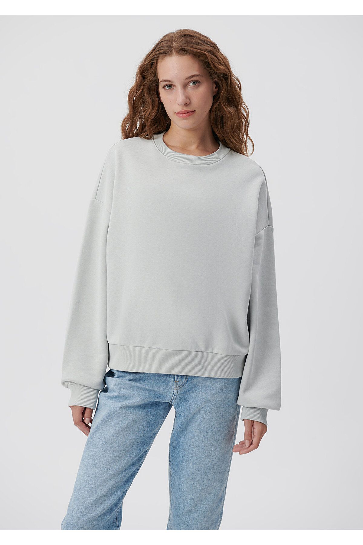 Bisiklet Yaka Gri Basic Sweatshirt 1611770-70074