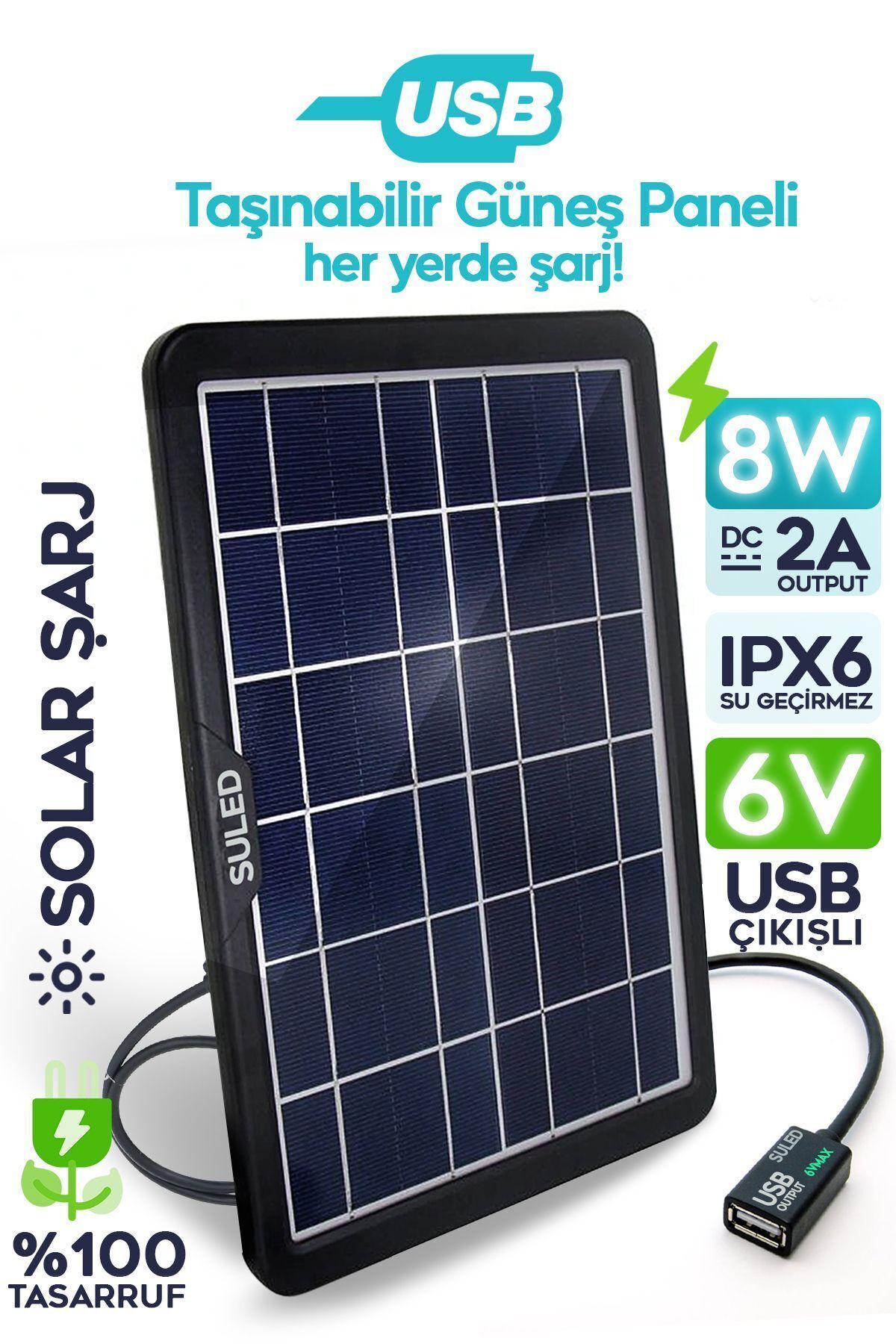 Güneş Enerjili Solar USB Şarj Paneli 6V USB Çıkışlı 2A Telefon Tablet ve USB Ürün Şarj Ünitesi