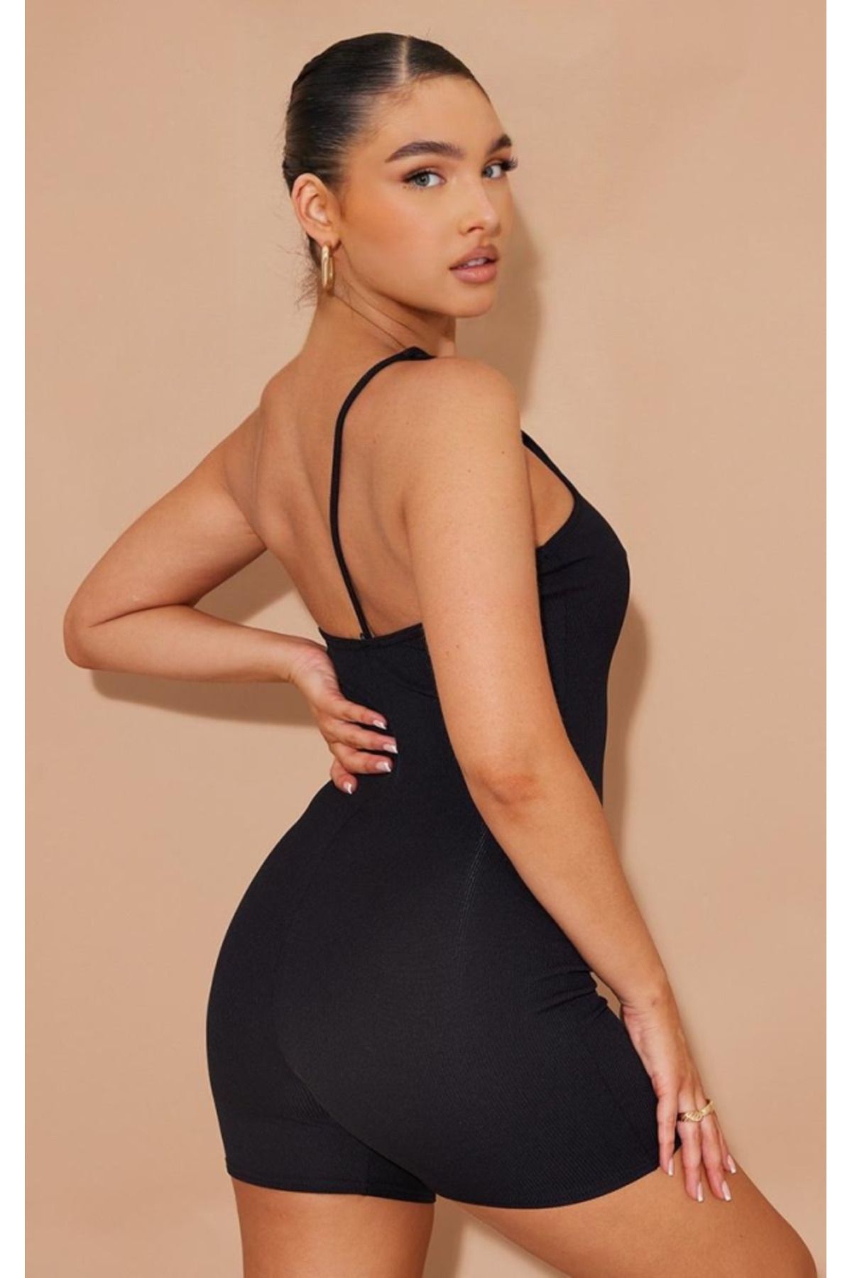 Gıronda Kadın Asimetrik Askılı Mini Kaşkorse Bodycon Tulum