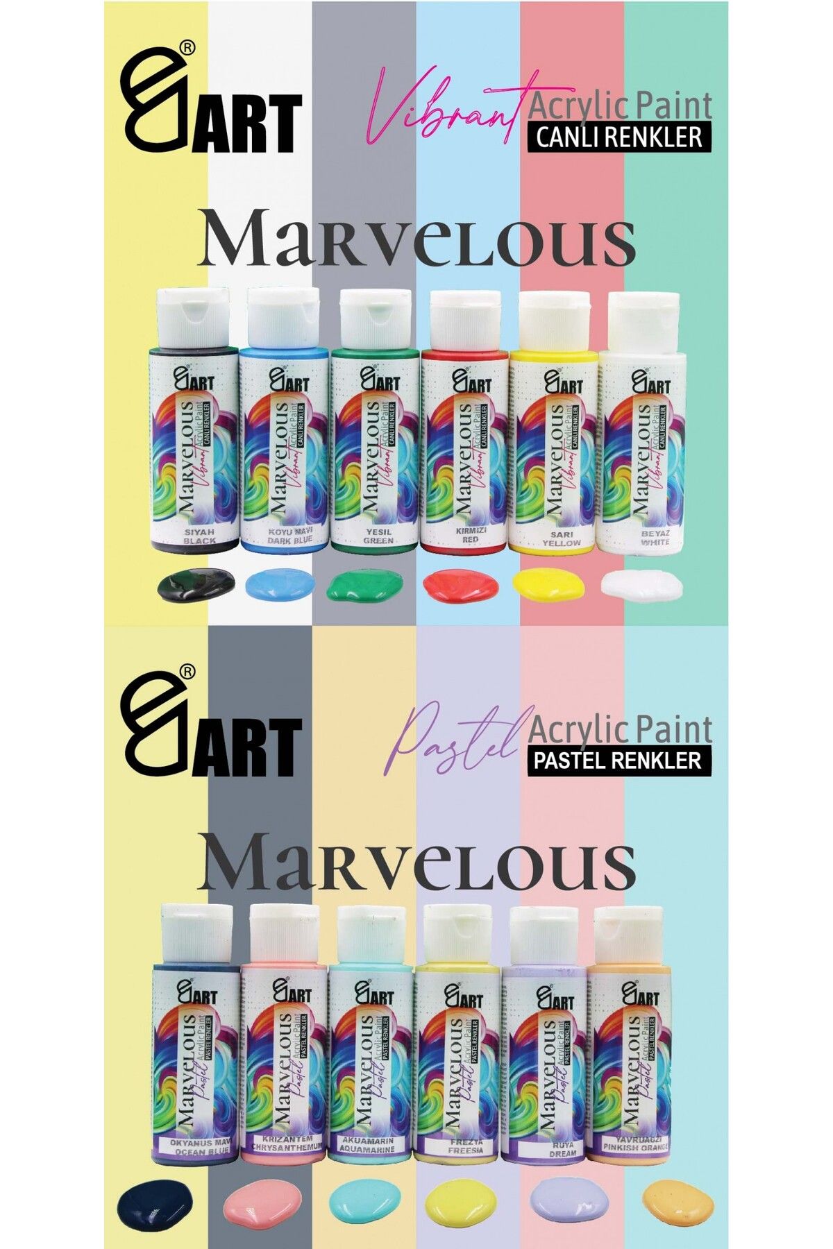 E&D ARTMarvelous 12x60mlAkrilik Boya Canlı Pa...