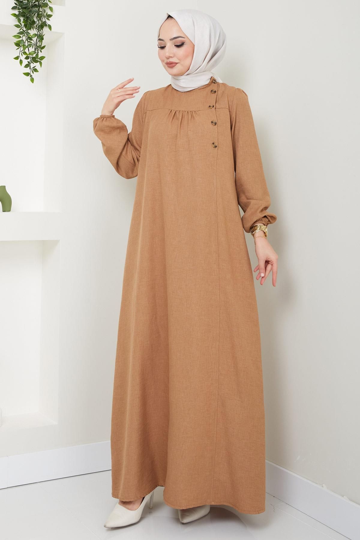 Düğme Detaylı Elbise Camel 2436