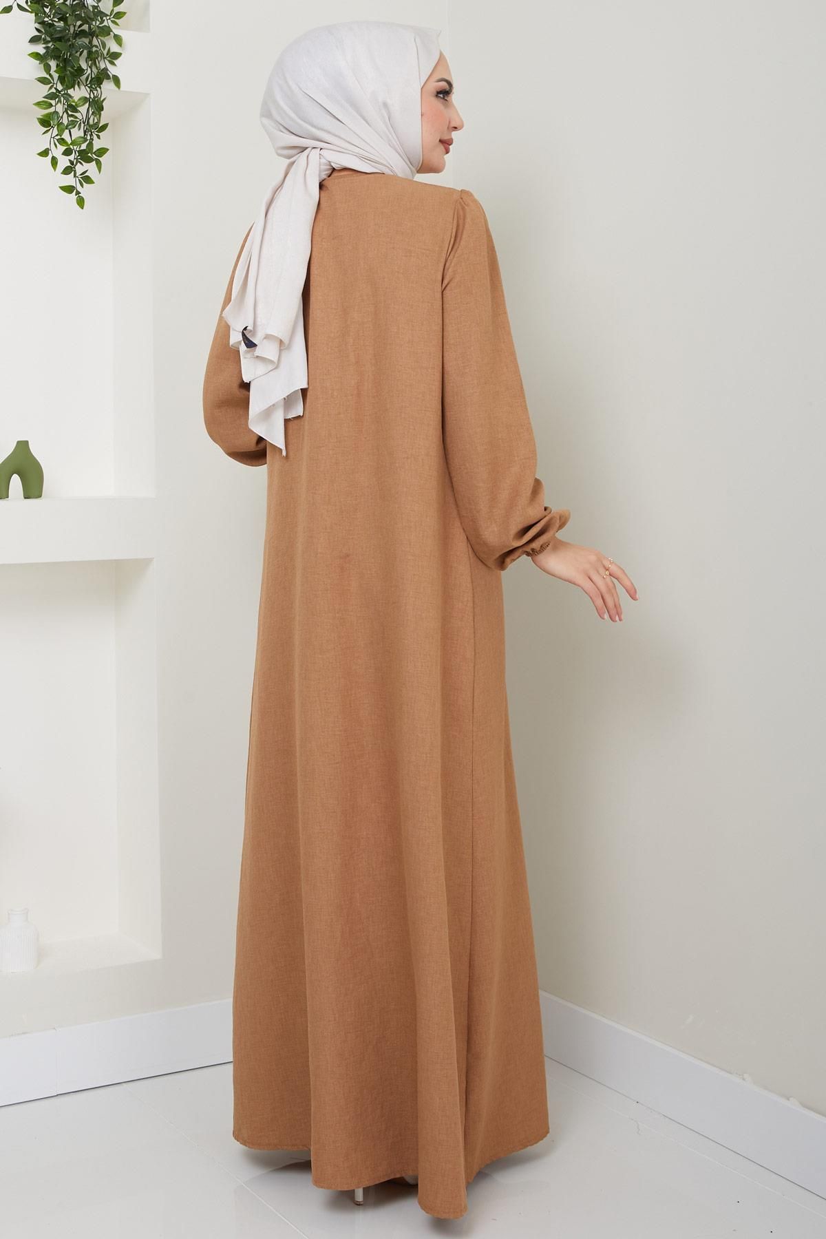 Düğme Detaylı Elbise Camel 2436