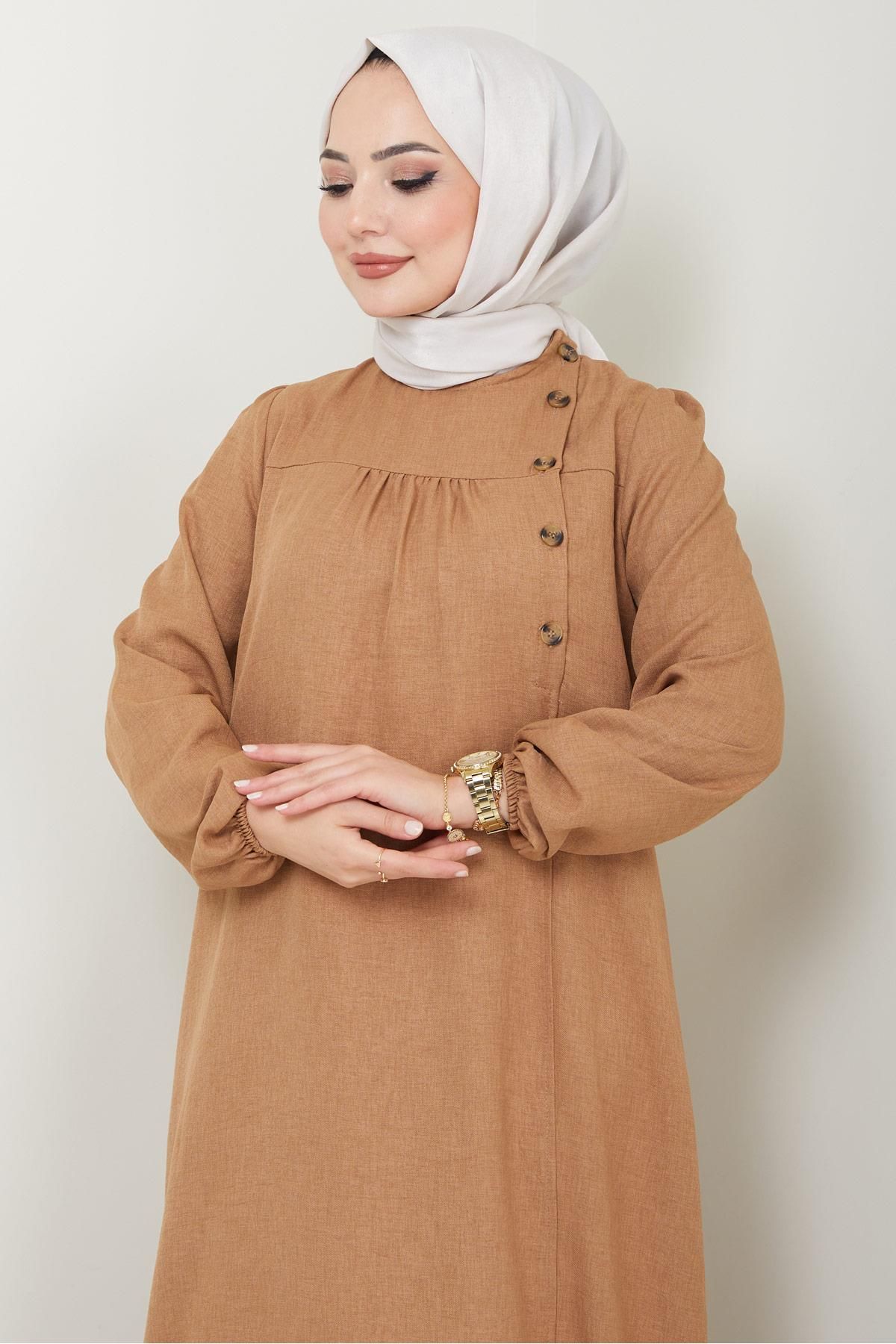 Düğme Detaylı Elbise Camel 2436