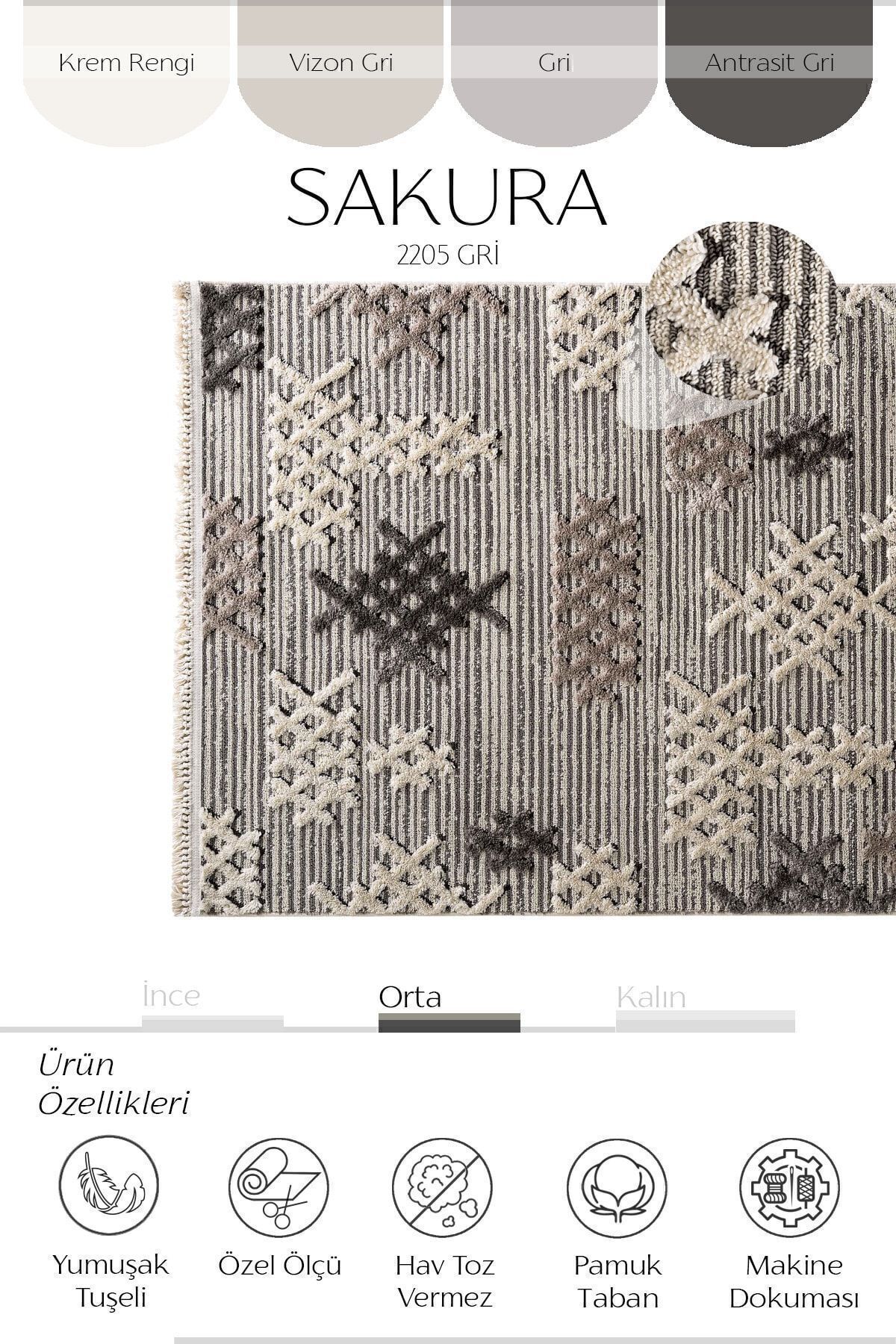 فرش اتاق نشیمن ساکورا 2205 خاکستری ضد گرد و غبار با طرح‌های قومی بافته شده مدرن