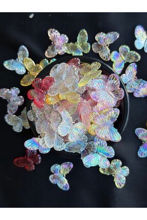 40 Adet Şeffaf Karışık Renkli Janjanlı Parlak Kelebek Plastik Akrilik Boncuk (30 MM X 24 MM) Image 0