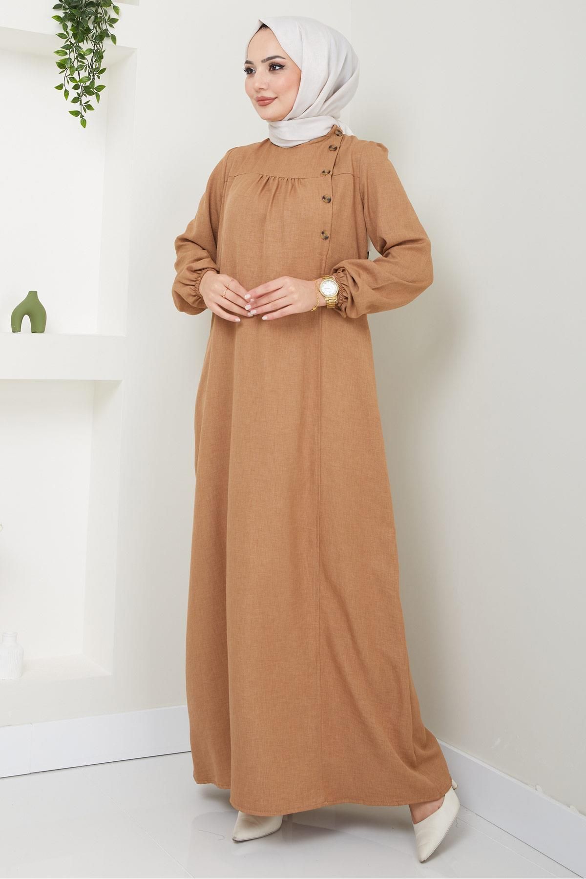 Düğme Detaylı Elbise Camel 2436