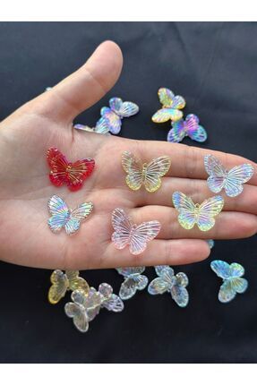 40 Adet Şeffaf Karışık Renkli Janjanlı Parlak Kelebek Plastik Akrilik Boncuk (30 MM X 24 MM) Image 1
