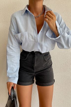 Kadın Açık Mavi Keten Gömlek Image 0