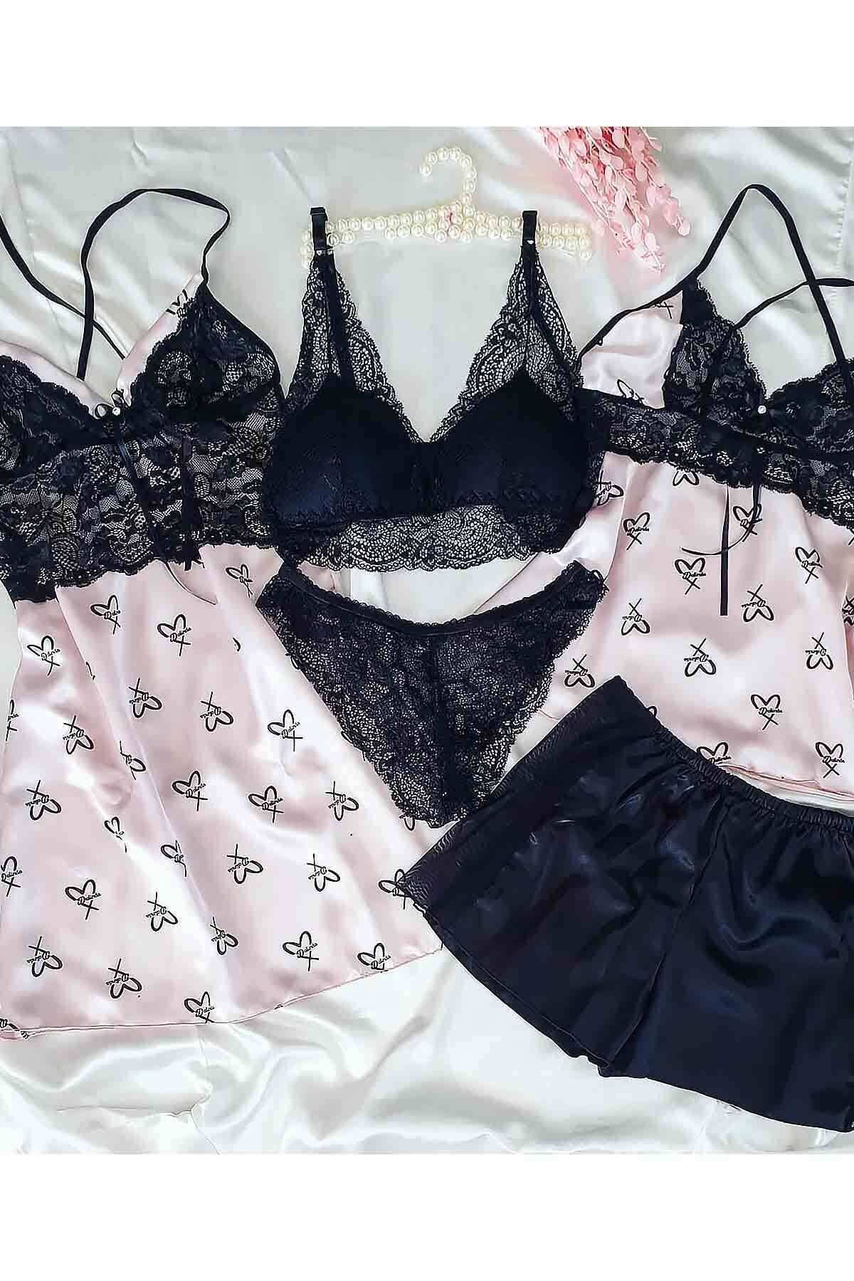 Çeyize dair herşey Pembe Çiçek Desenli Ipek Saten Kutulu 5 Li Çeyizlik Set