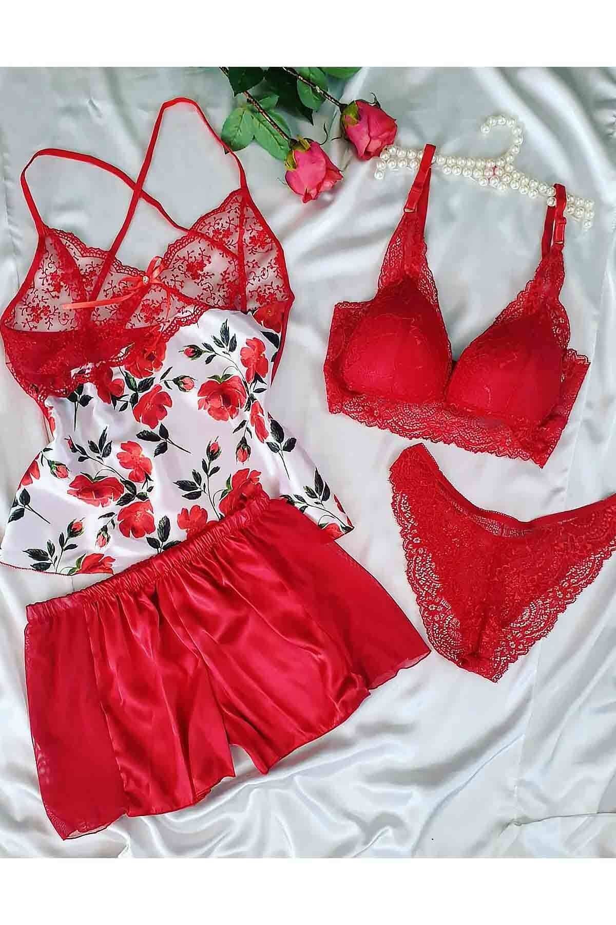 Çeyize dair herşey Kırmızı Çiçek Desen Ipek Saten 4 Lü Çeyizlik Set